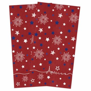 Imagem de Conjunto de 2 toalhas de cozinha de 4 de julho com estrelas vermelhas azuis e fogos de artifício, conjunto de toalhas de prato e panos de prato toalha de chá Freedom America Toalhas de mão absorventes