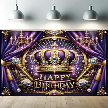 Imagem de Starlit Patio Pano de fundo de aniversário real 188 x 109 cm faixa de festa com coroa roxa e dourada luxuosa, decorações de feliz aniversário, elegante, tema de rei e rainha, para celebração de