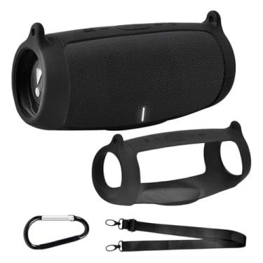 Imagem de Capa de silicone para alto-falante Bluetooth portátil JBL Charge 5, gel de viagem, bolsa de transporte de borracha à prova d'água com alça (preto)