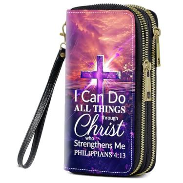 Imagem de FQTBCEARI Carteira feminina com estampa de Phil 4 a 13 versículos bíblicos com citação cruzada, bolsa de mão de couro PU com zíper duplo, Versículos bíblicos com citação cruzada Filipenses 4-13
