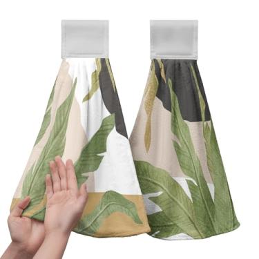 Imagem de Kwlegh Toalhas de cozinha suspensas de folhas tropicais de verão conjunto de 2 toalhas de mão de folha de palmeira de banana verde com laços para pendurar toalha de banho macia absorvente na ponta dos