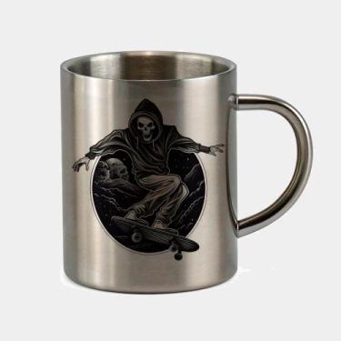 Imagem de Caneca de Inox Premium Prateada 400ml CAVEIRA SKATE ESQUELETO PRETO - 