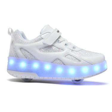 Imagem de Yogeeft Tênis infantil com rodas — Tênis 2 em 1 que ilumina com patins recarregáveis por USB para presentes de festa de aniversário, Wi-branco, 13 Little Kid