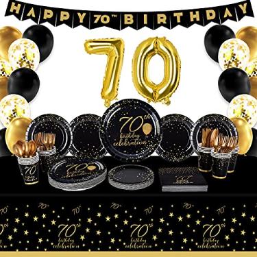 Imagem de Gatherfun Artigos para festa de aniversário de 70 anos, pratos de papel descartáveis, guardanapos, copos, facas, colheres, garfos, toalha de mesa, faixa número 70 balões para homens, mulheres, preto e