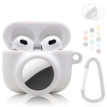Imagem de Conjunto combo de capa protetora 2 em 1 compatível com Apple AirPods 3 (2021) AirTag, suporte de rastreador GPS com 2 películas protetoras de tela e chaveiro, silicone macio, antiperda, capa antiarranhões (branca)