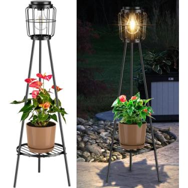 Imagem de VISFLAIR Luz solar com suporte de plantas, luminária de chão solar, à prova d'água, alimentada por energia solar, prateleira de flores para pátio, varanda, deck e decoração de jardim - 1 pacote