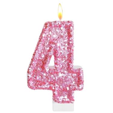 Imagem de Velas de aniversário rosa, número 4 para bolo, topo de bolo rosa com glitter, decorações de festa de aniversário de princesa, enfeite de cupcake, lembrancinhas de festa, suprimentos de decoração