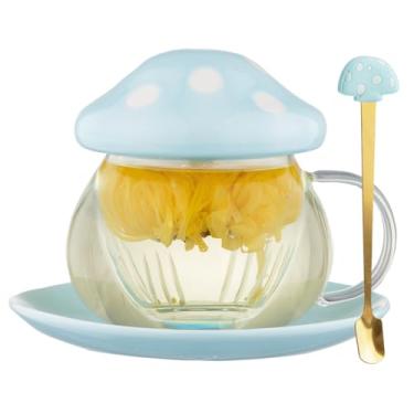 Imagem de Xícaras fofas de chá de cogumelo com infusor de chá e colher, canecas de cogumelo kawaii, xícaras de chá de vidro com tampa e porta-copos de cerâmica, perfeitas para meninas e mulheres, para uso em