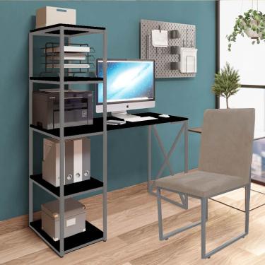 Imagem de Kit Escritório Mesa Max Bex 5 Prateleiras E Cadeira Stan Cinza Tampo Preto Suede Bege - Amey Decor