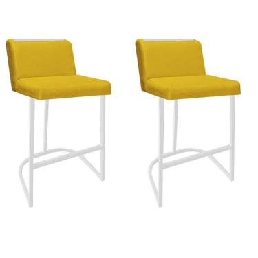 Imagem de Kit 02 Banquetas Com Encosto Confort Bistrô Cozinha Ferro Branco Sintético Amarelo Amey Decor
