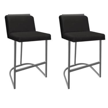 Imagem de Kit 02 Banquetas Com Encosto Nynna Luxo Confort Bistrô Cozinha Ferro Cinza Suede Preto - Amey Decor