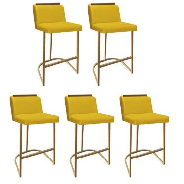 Imagem de Kit 05 Banquetas Com Encosto Confort Bistrô Cozinha Ferro Dourado Corino Amarelo Amey Decor