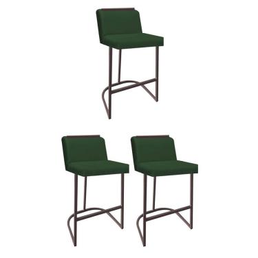 Imagem de Kit 03 Banquetas Com Encosto Confort Bistrô Cozinha Ferro Marrom Suede Verde Amey Decor