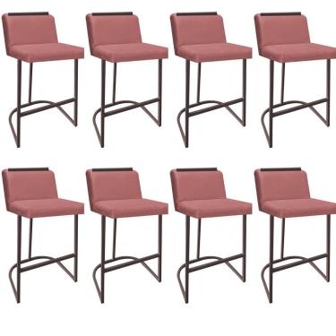 Imagem de Kit 08 Banquetas Com Encosto Confort Bistrô Cozinha Ferro Marrom Suede Rose Gold Amey Decor