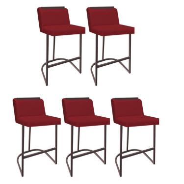 Imagem de Kit 05 Banquetas Com Encosto Confort Bistrô Cozinha Ferro Marrom Suede Vermelho Amey Decor