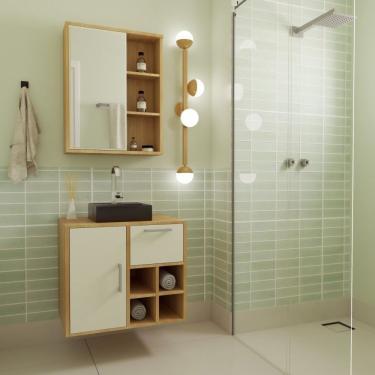 Imagem de Gabinete De Banheiro Suspenso 68cm Eduarda 1 Porta 1 Gaveta E Nicho Aberto Com Cuba Preta Mel-arenas