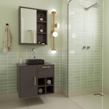 Imagem de Gabinete De Banheiro Suspenso 68cm Com Balcão 1 Porta 1 Gaveta E Espelheira Sem Cuba Grafite