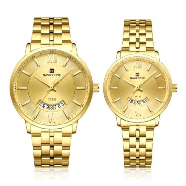 Imagem de Relogio De Pulso Conjunto Casal Em Aço Inoxidável De Quartzo Design Casual Impermeavel 3atm Dourado