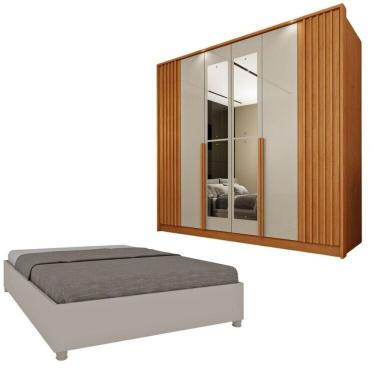 Imagem de Guarda-roupa 6 Portas Com Espelho Ripado Nova York E Cama Casal Monaco Espresso Móveis Cinamomo-off White