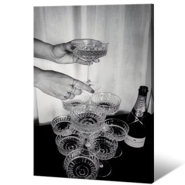 Imagem de Pôsteres vintage de taças de champanhe, arte de parede, preto e branco, decoração moderna de vinho, carrinho de bar, impressões, fotografia única, estética para pub, cozinha, jantar, sala de estar