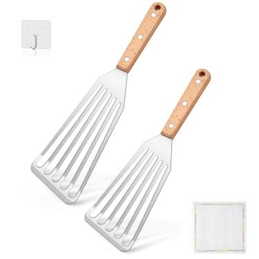Imagem de Pacote com 2 espátulas de aço inoxidável com cabo de madeira, espátula de peixe flexível, perfeita para virar ovos, hambúrgueres e assar, espátulas de metal leves e duráveis ótimas para cozinha e