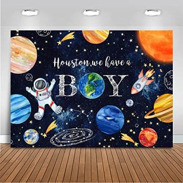 Imagem de Mocsicka Pano de fundo para chá de bebê, espaço, galáxia, planetas, astronauta, chá de bebê para fotografia Houston We Have a Boy Party Bolo Decoração Banner (2 x 1,5 m (208 x 152 cm)
