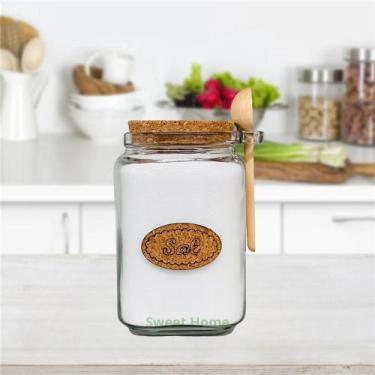 Imagem de Saleiro Pote Vidro com Colher Madeira Tampa Rolha Cortiça Capacidade 6