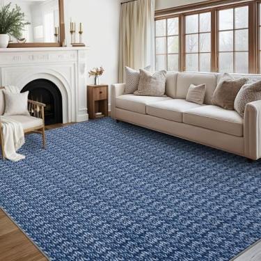 Imagem de GlowSol Tapete moderno lavável 12 x 18 cm para sala de estar, tapete trançado antiderrapante, tapete contemporâneo com detalhes sólidos, lavável na máquina para quarto, cozinha, escritório, azul