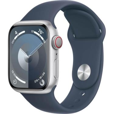 Imagem de Apple Watch Series 9 GPS + Cellular Caixa de alumínio de 41 mm com pulseira esportiva Storm Blue (pequeno/médio) - prata-MRHV3LW/A