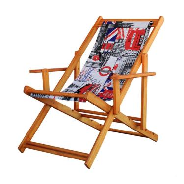 Imagem de Espreguiçadeira Preguiçosa Dobrável Envernizada Mel em Madeira Maciça Tecido