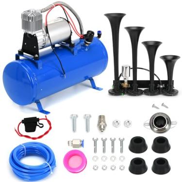Imagem de PTNHZ Kit de buzinas de trem 150DB 12V 150PSI bomba de tanque de compressor de ar com tanque de 6 litros 1,6 galão + trompete de 4 fileiras pretas super altas para caminhão, caminhão, barco, motorhome