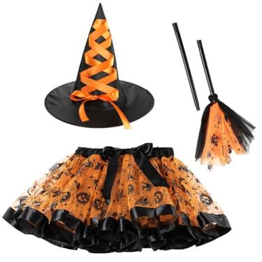 Imagem de Happy Cherry Conjunto de saia tutu de bruxa infantil com chapéu e vassoura, 3 peças, roupas de Halloween 3-8 anos, Laranja 1, 4-6 Anos