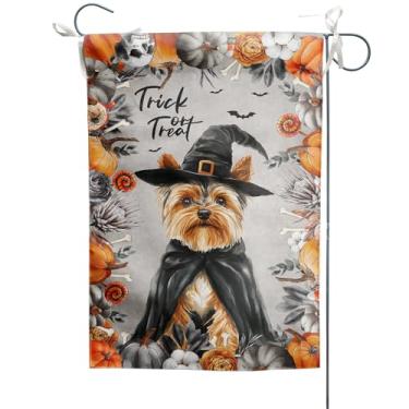 Imagem de Yorkshire Terrier bandeira de jardim de cachorro chapéu de bruxa assustador filhote de cachorro Yorkie impressão dupla face banner de jardim vertical para pátio ao ar livre gramado férias decorações