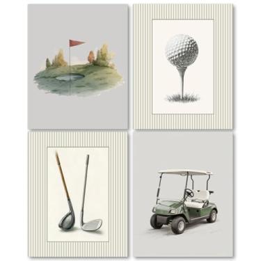 Imagem de laveliabel Conjunto de 4 impressões de arte de parede de golfe sem moldura, decoração de parede de imagens de golfe, presentes de golfe para homens, pôster retrô vintage de carrinho de golfe para sala