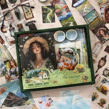 Imagem de Kit de materiais para scrapbooking, kit de scrapbook de estética para pessoas vintage, suprimentos de diário de lixo com papel de scrapbook, adesivos de scrapbook, caderno de grade A6, artigos de