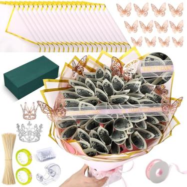 Imagem de Maitys 189 peças, kit de buquê de dinheiro para feliz aniversário, 20 folhas de papel de embrulho de flores, 100 peças, espetos de bambu, blocos florais de espuma para aniversário, presente de