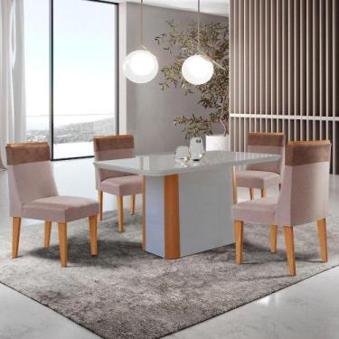 Imagem de Mesa De Jantar Isadora 120cm Tampo Mdf Vidro Com 4 Cadeiras Linho Capu