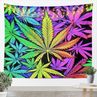 Imagem de jejeloiu Tapeçaria de folha de maconha média 150 cm x 150 cm cobertor de pendurar na parede folhas de cannabis para crianças plantas botânicas impressão arte de parede adolescentes decoração verde