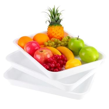 Imagem de Bandejas de plástico branco (conjunto de 3) 40,6 cm x 30 cm, grandes bandejas retangulares reutilizáveis para festas, servir aperitivos, frutas, vegetais, lanches, biscoitos, sobremesas, na