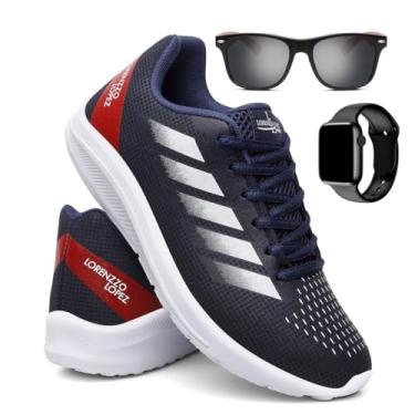 Imagem de Tênis Masculino Esporte Caminhada Corrida Ultra Leve e Macio + Óculos + Relógio - Azul-marinho/42