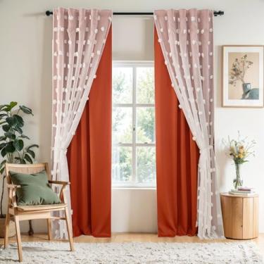 Imagem de Cortinas laranja queimado para quarto, escurecimento do quarto, conjunto de 2 painéis com 2 painéis de cortina de camada dupla com pompom transparente para sala de estar, prega de beliscar, bolso de
