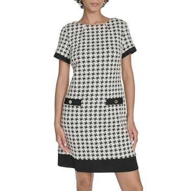 Imagem de Tommy Hilfiger Vestido feminino Pixelated Houndstooth sem mangas com fecho de botão, Preto/pérola, 50