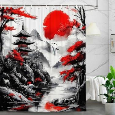 Imagem de Cortina de chuveiro japonesa flor de cerejeira asiática montanha sol árvore paisagem anime cortinas de chuveiro chinês preto vermelho pintura à prova d'água cortina de banheiro decoração poliéster com