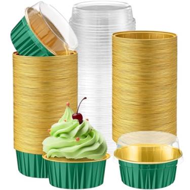 Imagem de Gandeer Pacote com 200 forros de cupcake de folha de alumínio com tampas, copo redondo de 142 g para festa de casamento, ramekin de torta descartável, mini recipiente para pudim (verde escuro)