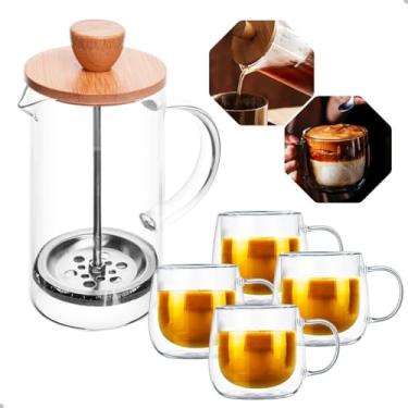 Imagem de Conjunto de Cafeteira Prensa Francesa 350ml com Tampa de Bambu e 4 Xícaras de Vidro Parede Dupla 80ml