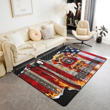 Imagem de Tapete de área de bombeiro 3'x5' (100 cm x 150 cm x 1 cm), motor de bombeiro machado vermelho tapete antiderrapante para mulheres homens, tapete interno com bandeira americana para decoração de sala