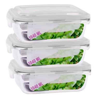 Imagem de Kit 3 Potes Hermetico  Vidro Transparente 1040ml Marmitas 4 Travas