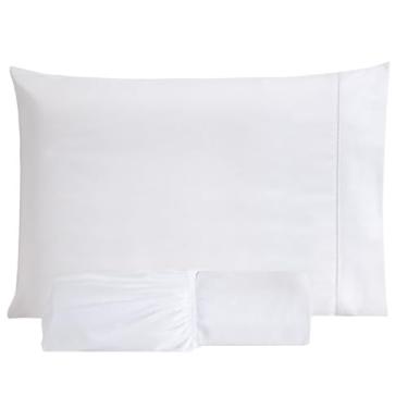 Imagem de Jogo Lençol 100% Algodão 200 Fios C/Elástico Fronhas Ponto Palito Antialérgico (Branco, Solteiro)