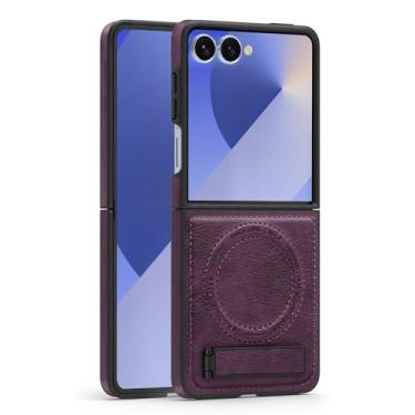 Imagem de Lunivop Capa de couro para Samsung Galaxy Z Flip 7 [compatível com carregamento sem fio Magsafe] Suporte magnético Funda para Z Flip 7 Rugged Best Phone Cases Roxo