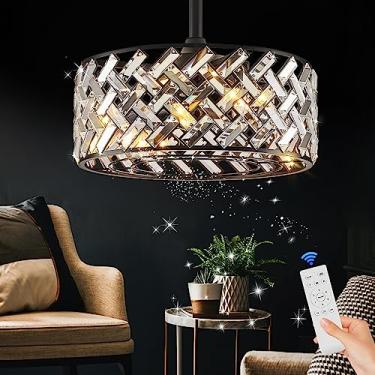 Imagem de CATINER Ventilador de teto moderno em gaiola com lustre de cristal claro com controle remoto 45,7 cm Ventilador de teto preto com motor CC reversível com 8 lâminas reversíveis 6 velocidades para